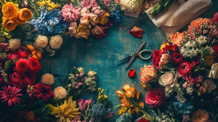Fototapeta premium A florist table covered in vibrant flowers, scissors, ribbons, and wrapping paper, ready for the next arrangement.