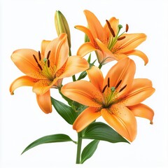 Fototapeta premium A beautiful bouquet of orange lilies with vibrant petals and green leaves against a plain background