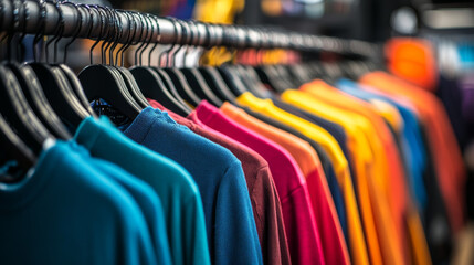 Fototapeta premium Rainbow of Fashion: A vibrant display of colorful t-shirts hangs on a clothes rack, showcasing a spectrum of hues and styles. The image evokes a sense of choice and individuality, ideal for retail.
