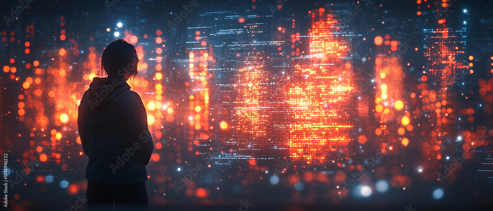 Poster silhouette of person looking at digital data and code