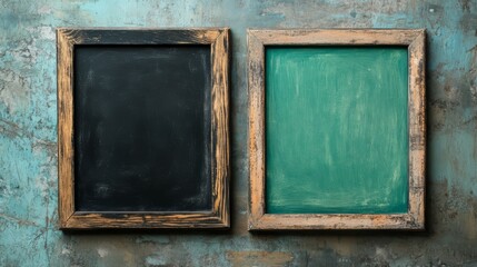 Rustic Chalkboard Duo: Two weathered wooden framed chalkboards, one black and one green, set against a textured teal background. Perfect for adding a vintage touch to your message. 