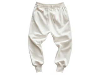 White jogger pants with elastic waistband and cuffs, perfect for casual wear and lounging.