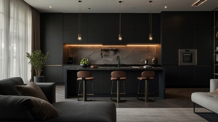 Modern kitchen with dark cabinets, marble backsplash, and leather bar stools.