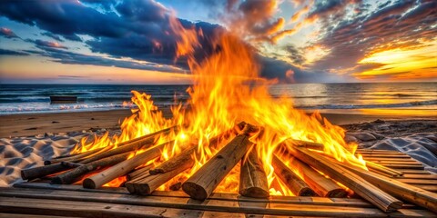 Blazing bonfire flames on sandy beach under fiery sky