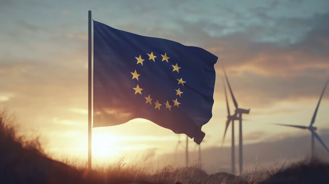 European Union Flag Waving Against Sunset With Wind Turbines in the Background