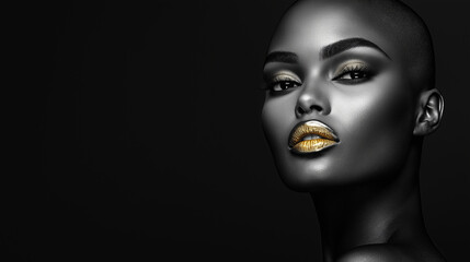 A dramatic full-body black and white photograph of a person with a shaved head, captured from the side. Their piercing eye contact adds intensity to the shot, while the gold lipsti