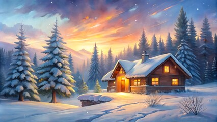 Fototapeta premium Cozy log cabin in a snowy landscape with warm light and a beautiful sunset