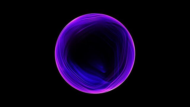 Abstract luminous sphere of shiny pink and blue particles of magical glow on a dark background. Energy ball of bright dots orb. Purple movement of a spherical sphere. Seamless looping 4k video.