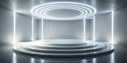 Obraz premium Circular Stage with Neon Lights and White Walls, Product Display, Minimalist , 3D render , product display, minimalism