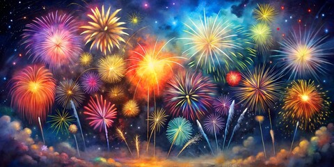 Dazzling fireworks display in a colorful night sky painted with watercolor