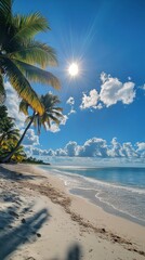 Fototapeta premium A sunny beach with palm trees under a bright sky in a tropical paradise