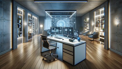 Futuristic Minimalist Home Office with Virtual Reality Conferencing and Smart Assistants for Remote Work.