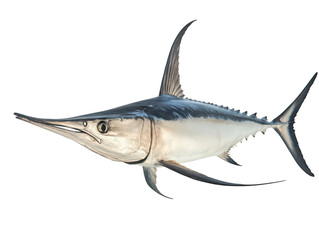 Naklejka premium Vibrant swordfish swimming gracefully in clear waters, showcasing its sleek, shiny body and long bill.
