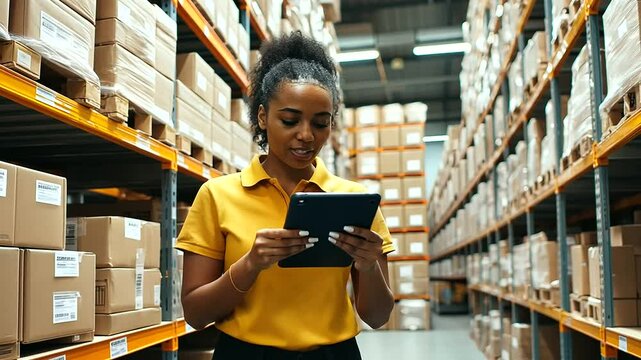 Warehouse Efficiency. Female Worker Scanning Packages with a Barcode Reader in a Storage Compartment, Inventory Management