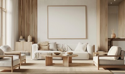 「壁に飾られた白紙のキャンバス、ベージュのソファ、アームチェア、コーヒーテーブル、木製装飾品、カーペットのあるミニマルなリビングルームインテリア。3Dレンダリング」
