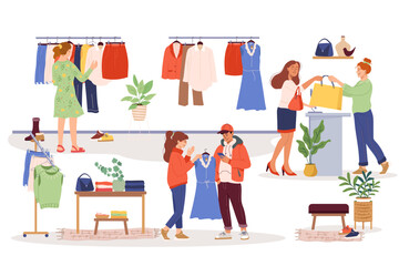 Buyers in boutique, vector illustration Woman choosing modern clothes near hanger with clothes at fashion store Girl happy with purchase at checkout Outfit, apparel, trendy garments choice in showroom