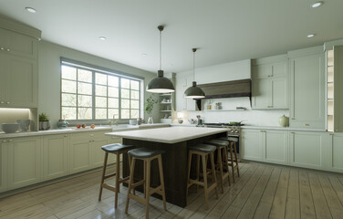 Beautiful bright kitchen in a new luxury house in a traditional style. 