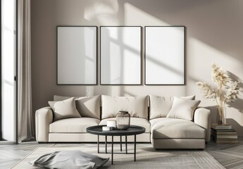 「モダンでミニマルなリビングルームのインテリアデザイン。壁に白い額縁、ベージュのソファ、コーヒーテーブル、観葉植物、ラグ、スタイリッシュなアクセサリー。3Dレンダリング。