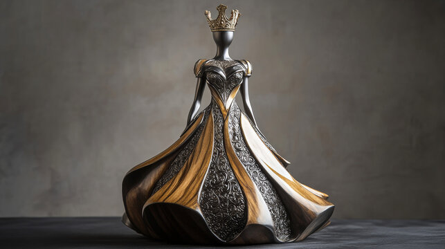 Visualize a majestic queen chess piece, elegantly poised with a flowing gown that cascades down. 