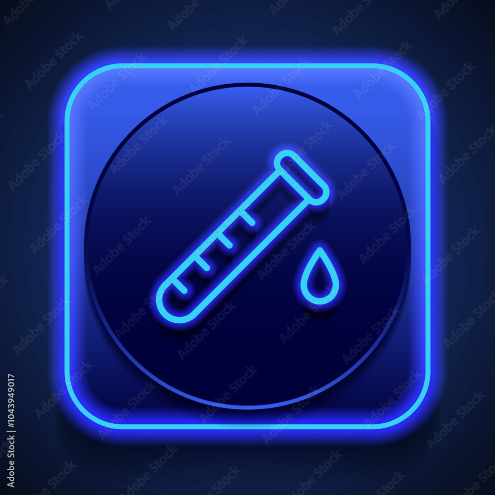 Poster test tube and drop simple icon vector. flat design. blue neon style on button. with shadow