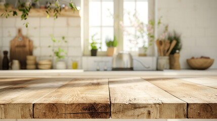 Rustic Kitchen Countertop with Wooden Table and Natural Light