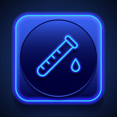 Test tube and drop simple icon vector. Flat design. Blue neon style on button. With shadow
