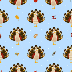 Seamless pattern with cute turkey and autumn elements for Thanksgiving day design 