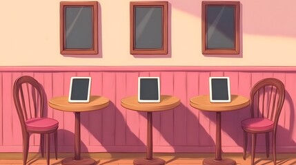 Three Empty Tables and Chairs in a Pink Cafe.