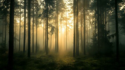 Obraz premium Foggy forest at dawn with soft light breaking through the mist, tall trees shrouded in fog, and a quiet, ethereal atmosphere