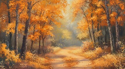 Obraz premium Golden autumn landscape with vibrant trees, a winding path through the woods, and the soft crunch of leaves underfoot