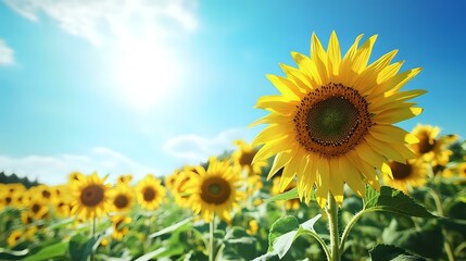 Fototapeta premium Golden sunflower field stretching to the horizon under a vibrant blue sky, the sunflowersa?? faces turned toward the sun