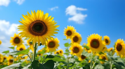 Fototapeta premium Golden sunflower field stretching to the horizon under a vibrant blue sky, the sunflowersa?? faces turned toward the sun