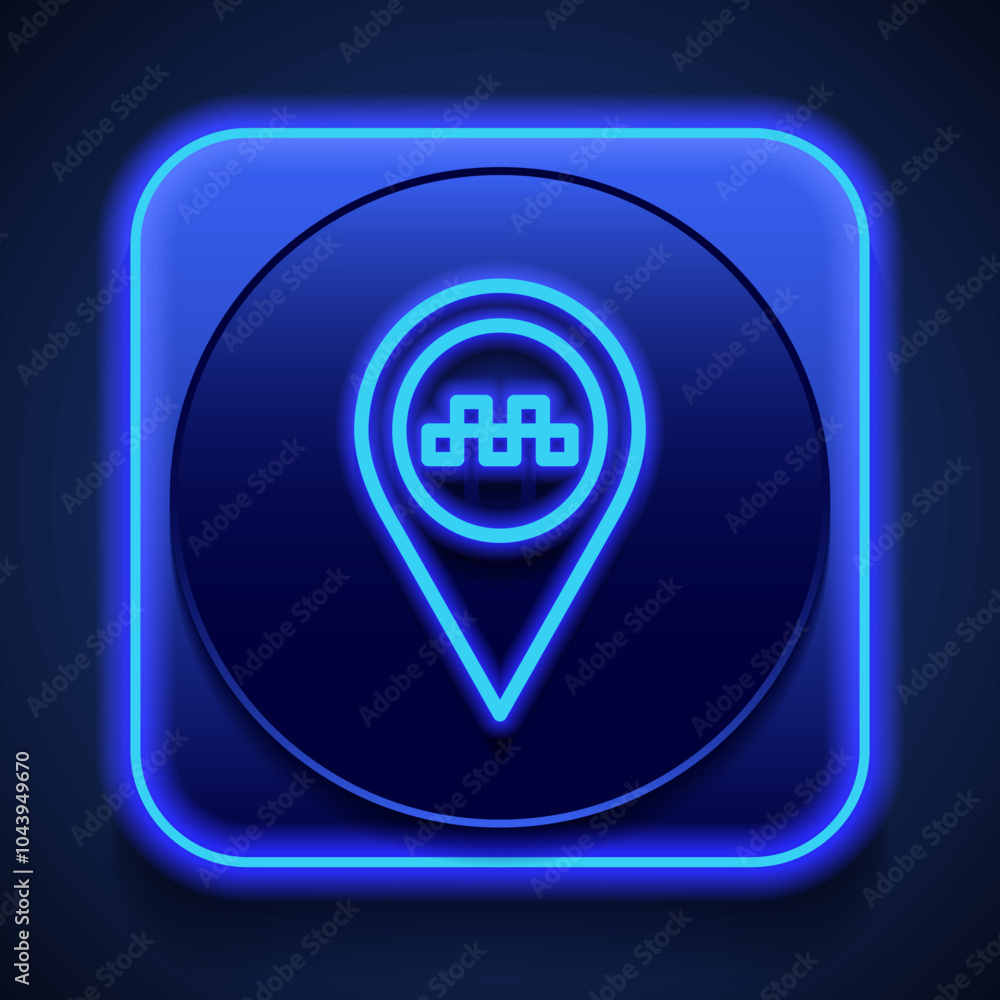 Poster taxi, pointer simple icon vector. flat design. blue neon style on button. with shadow