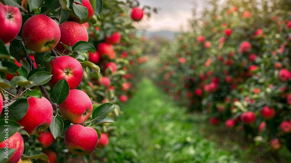 Aufkleber this rows of trees are laden with ripe red apples ready for picking on a crisp autumn day.