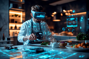 Futuristic Chef in a Modern Kitchen Using Virtual Reality Glasses and Holographic Interface for Advanced Cooking Techniques