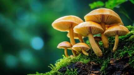 Fototapeta premium A group of mushrooms growing from a cracked tree bark, with moss and small plants adding to the forest ambiance.