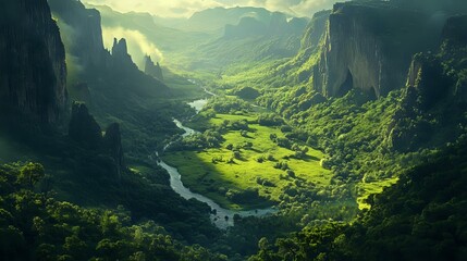 Lush green valley with a river winding through, surrounded by towering cliffs and dense forests, with soft sunlight illuminating the landscape