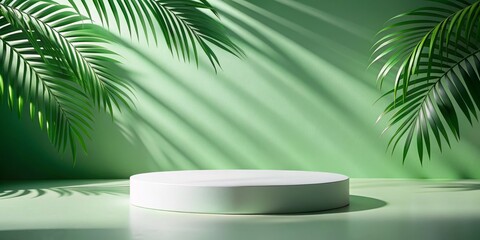 Green Minimalist Product Display with Palm Leaf Shadows, Product Photography, Minimalism ,green, palm