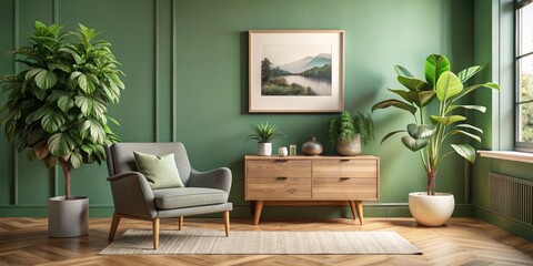 Green Living Room with Wooden Chest of Drawers and Armchair, Interior Design, Home Decor, livingroom ,furniture