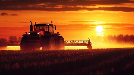 Fototapeta premium irrigation tractor driving spraying or harvesting an agricultural crop at sunset with information infographic data datum as banner design for agriculture industry and food supply production concepts