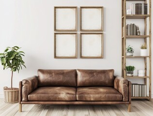 「茶色の革製ソファ、4つの空の額縁、木製の本棚のあるモダンなリビングルームインテリア」