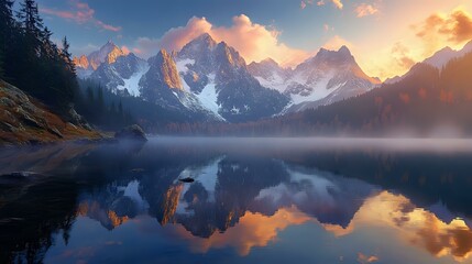 Majestic mountain landscape at sunrise with snow-capped peaks, a crystal-clear lake reflecting the colors of the sky, and mist in the air
