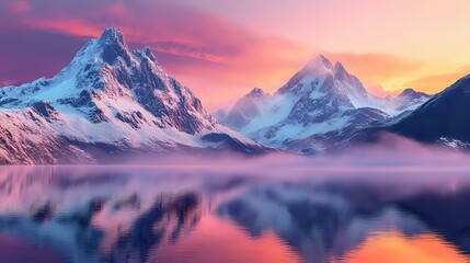 Obraz premium Majestic mountain landscape at sunrise with snow-capped peaks, a crystal-clear lake reflecting the colors of the sky, and mist in the air