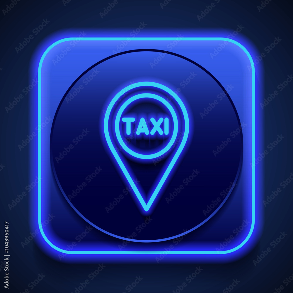Poster taxi pointer simple icon vector. flat design. blue neon style on button. with shadow