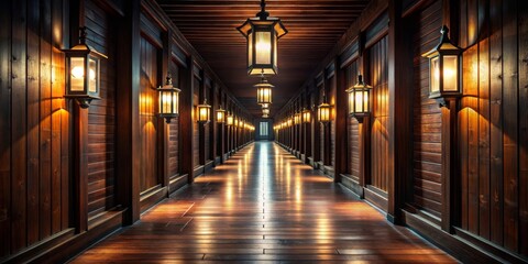 Illuminated Wooden Hallway with Hanging Lanterns, Interior Design , Architecture