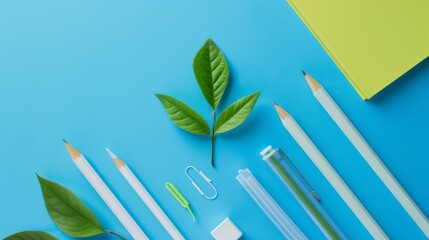 Green Leaves and Stationery on Blue Background
