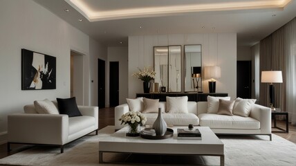 Modern living room with white sofa, coffee table, and  a black and white painting,  mirrors and a vase with white flowers on a console table.