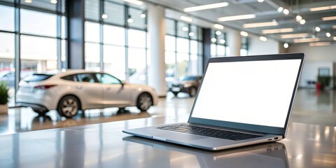Laptop on Table with Blurred Showroom Background, Car Dealership, Mockup ,laptop, dealership