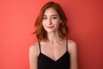 Fototapeta premium Elegant Woman in Black Dress with Auburn Hair Against Vivid Coral Background for Fashion Editorial