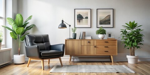 Mid-Century Modern Living Room with Black Leather Armchair and Wooden Cabinet, Interior Design, Home Decor, living room decor